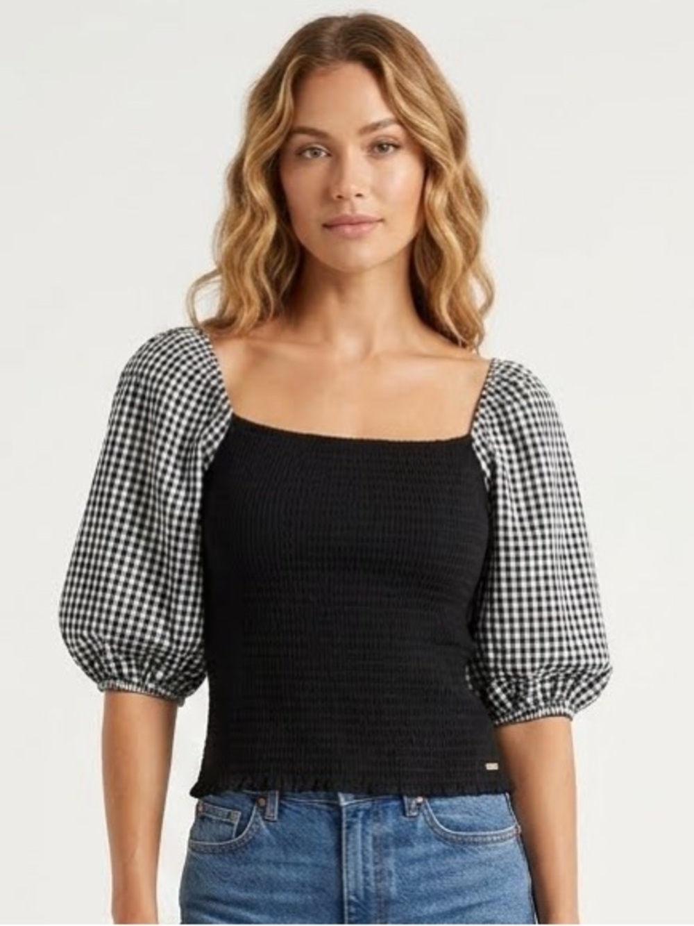 Who What Wear Black Gingham Puff-Sleeve Smocked Top